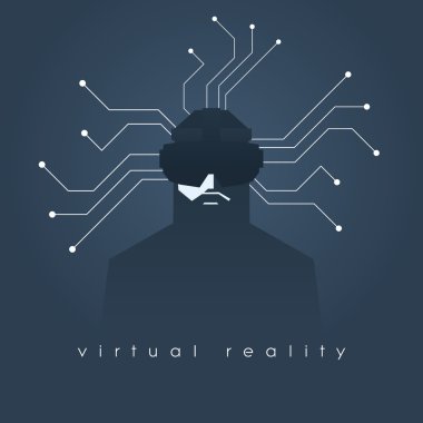 Virtual reality concept illustration with man and headset glasses. Dark background, lines as symbol of internet connection.