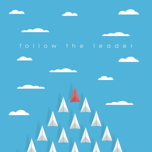 Business leadership concept with red paper plane leading white airplanes above clouds in the sky. Success, winner abstract illustration. — 图库矢量图片