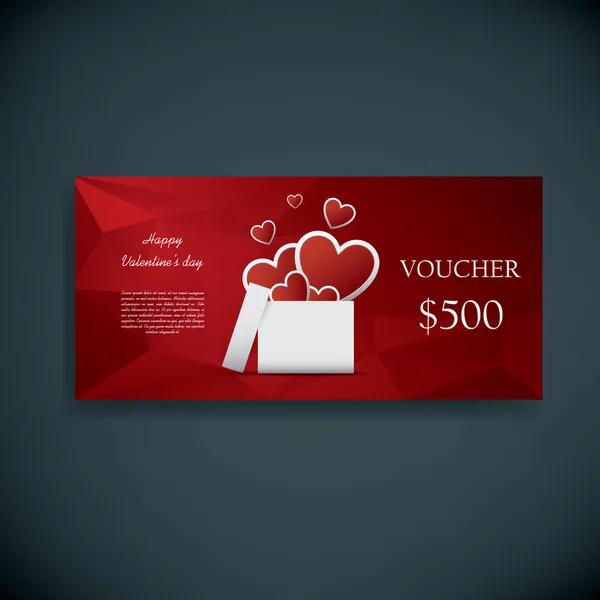 Valentines day gift card voucher template present and space for your text. Horizontal red low poly vector background. — Stock Vector