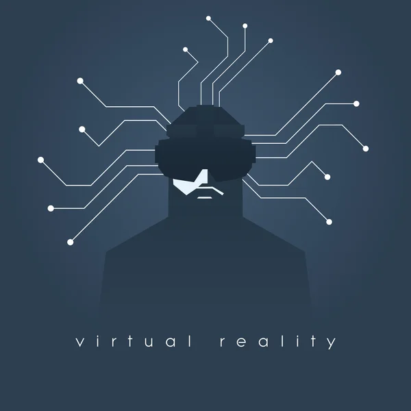 Virtual reality concept illustration with man and headset glasses. Dark background, lines as symbol of internet connection. — Stockvector