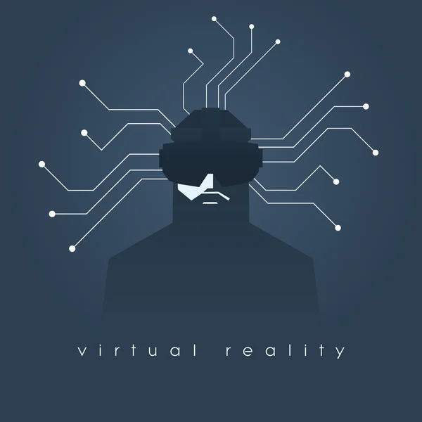 Virtual reality concept illustration with man and headset glasses. Dark background, lines as symbol of internet connection.
