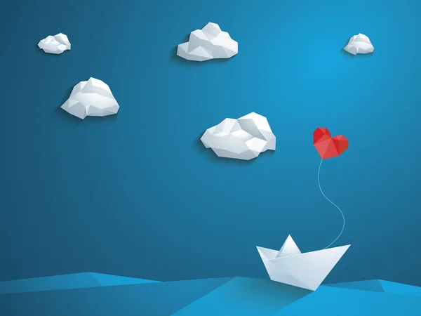 Plantilla de diseño de tarjetas de San Valentín. Barco de papel polivinílico bajo con globo en forma de corazón navegando sobre las olas. Cielo azul y nubes poligonales . — Vector de stock