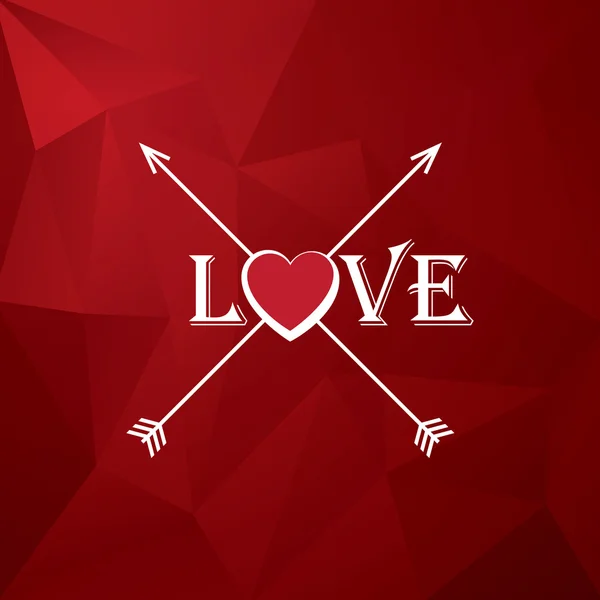 Valentinstag-Kartendesign mit kreativer Typografie, Liebe, Herz und Pfeilen. roter Hintergrund mit niedrigem Poly. — Stockvektor