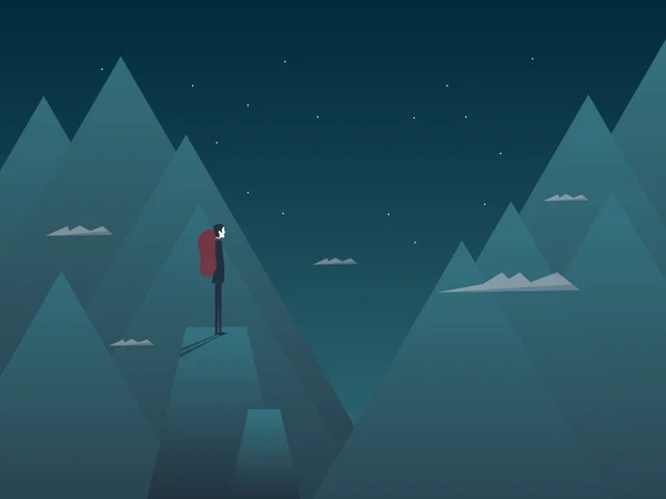 Man and mountains concept hiking, climbing or mountaineering. Person with backpack at night on top of peaks. — Stock Vector