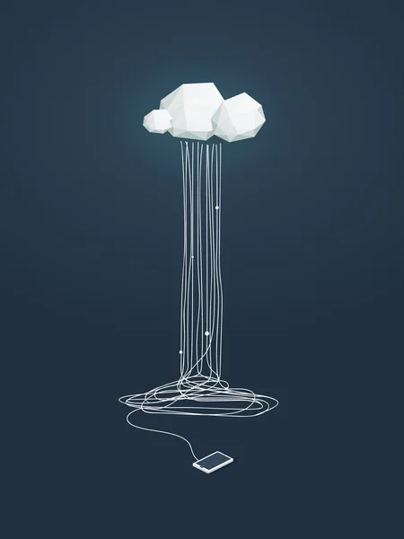 Концепция облачных вычислений с низкой облачностью поли и подключенным смартфоном. Инфраструктура хранения данных . — стоковый вектор