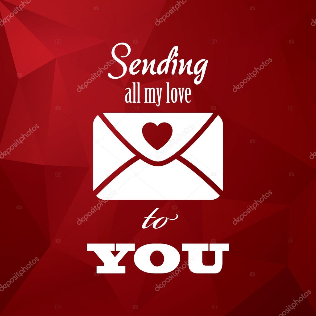 Vintage valentines day card concept design with envelope, typography message and hearts on red low poly background.