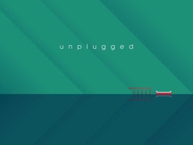 Mountain lake landscape vector background with canoe attached to a pier. Pure, tranquil, calm scenery for relaxation concept.