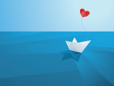 Valentines day card design template. Low poly paper boat with heart shaped balloon sailing over the waves.