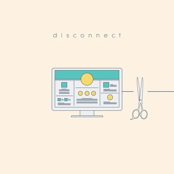 Disconnect concept with computer and cut wire by scissors. Unplugged technology abstract background. — 图库矢量图片