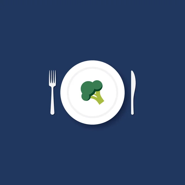 Brokkoli auf einem Tellervektorsymbol. gesunde Ernährung mit Gabel und Messer. — Stockvektor