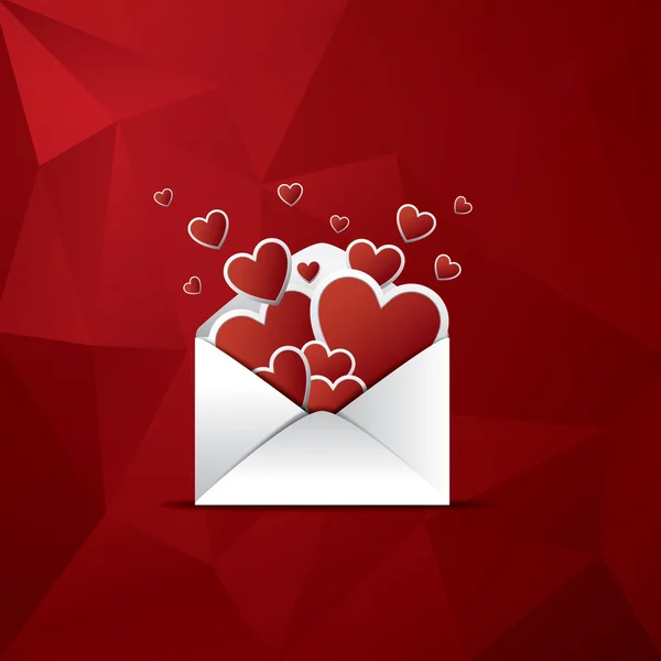 Hearts flying out of envelope valentine card template design. Red low poly background. — Stock vektor