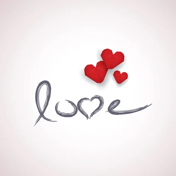 Modelo de cartão Valentim com palavra escrita à mão amor e vermelho baixo poli 3d corações na corda branca . — Vetor de Stock