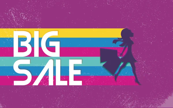 Big sale poster with woman shopping for fashion clothes. 80s vector background banner, bright vivid colors. — Stockvector