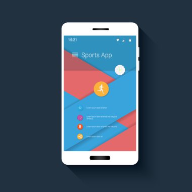 Fitness tracker mobile user interface with icons for sport monitor app. Smartphone gui on red, blue material design layers background.