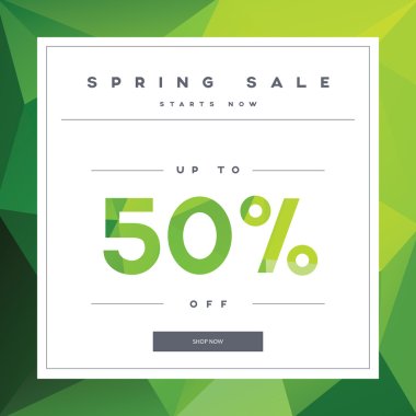 Spring sale banner on green low poly background with elegant typography for luxury sales offers in fashion. Modern simple, minimalistic design.