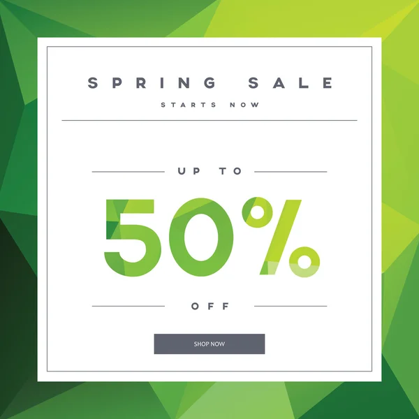 Spring sale banner on green low poly background with elegant typography for luxury sales offers in fashion. Modern simple, minimalistic design. — Stockový vektor
