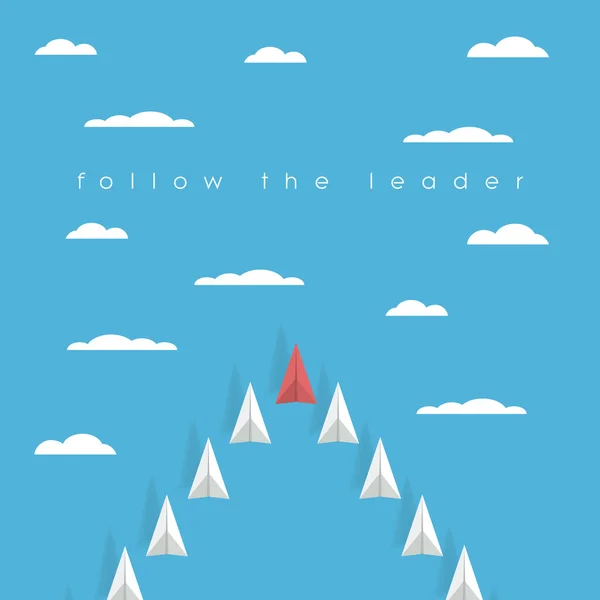 Low poly paper plane business leadership concept with red airplane and white flying squadron in the sky. Success, mission, project management symbol. — Stockový vektor