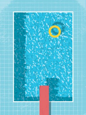 Swimming pool top view with inflatable ring preserver and red jump. 80s style vintage graphic design on grunge background. clipart