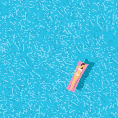 Kadın bikini, Yüzme Havuzu üstten görünüm. Mavi doku arka plan, tatil veya tatil poster şablonu kopya alanı ile.
