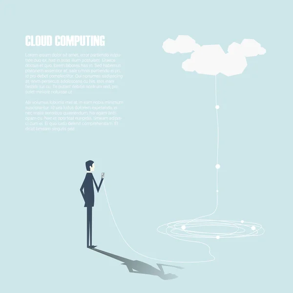 Businessman with smartphone sending data to cloud computing storage. Technology vector background. — Stok Vektör