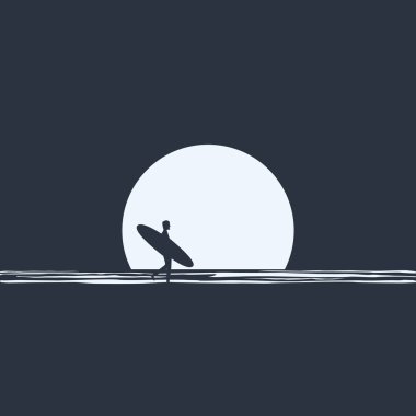 Sörfçü siluet ay önünde onun surfboard holding geceleri Sahilde yürüyüş. Etkin özgürlük yaşam tarzı kavramı.