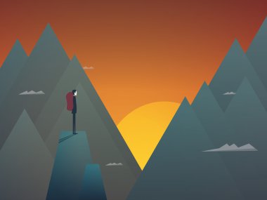 Uzun yürüyüşe çıkan kimse sırt çantasında Dağları manzara vektör arka plan ile. Gün batımı sahne, açık aktif yaşam tarzı.