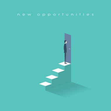 New opportunities concept vector background with businessman standing in front of door on top stairs. Career ladder conceptual illustration. vector New opportunities concept vector background with businessman standing in front of door on top stairs. Career ladder conceptual illustration. vector