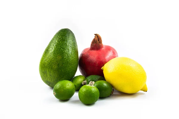 Conjunto Sortido Abacate Outras Frutas Exóticas Fundo Branco Isolado Belas — Fotografia de Stock