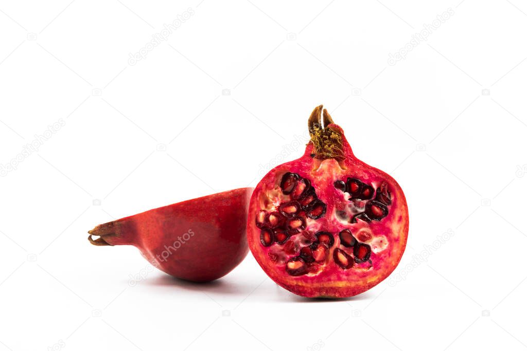 A series of photos with pomegranate on a white isolated background with empty space, beautiful compositions with other exotic fruits for your desktop or website, template and banners