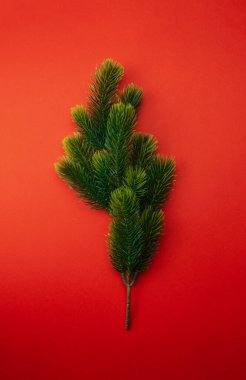 Kırmızı ve sarı arkaplanda bir dizi noel öncesi fotoğraf. Lolipoplar ve bayramın özellikleri, üst görünüm, düz tasarım.
