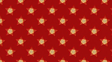 Noel şenliksiz desenli kırmızı arka planda ahşap süsleme yıldızları, düz dizayn fotoğrafı