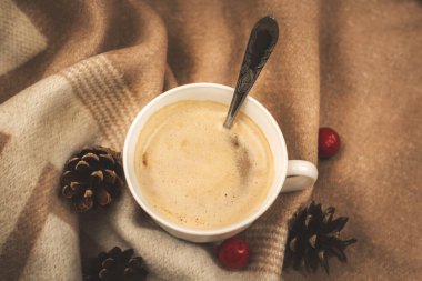 Samimi bir fotoğraf konsepti sıcak yumuşak bir ekoseyle süslenmiş bir fincan kapuçino, güzel bir kompozisyon, fotokopi uzay fotoğrafı