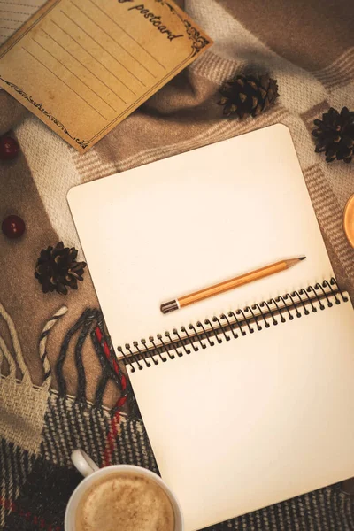 Konforlu kompozisyon dikey fotoğraf, mum ışığında ve sıcak bir ev fotoğrafında uzay defterini kalem ile kopyala