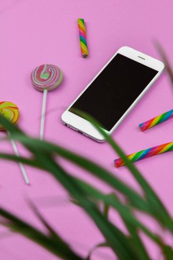 Modern masaüstü akıllı telefonu pembe ya da mor arkaplanlı şeker ve ev bitkisi, düz yatay dikey tasarım fotoğrafı