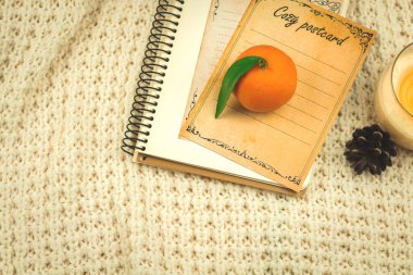 Örgü süveter, kitaplar, kartpostal ve mandalinalar, fotokopi alanı şablonu ya da çalışma alanı fotokopisi