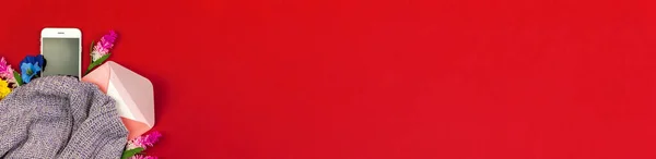 Concepto San Valentín Fondo Rojo Amplio Banner Espacio Copia Suéter —  Fotos de Stock