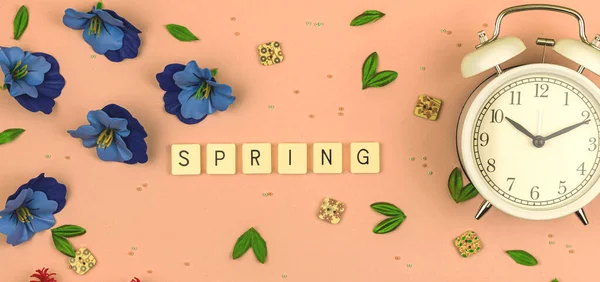 Spring Composition Flat Lay Top View Background Concept Banner Lettering — Stock Photo, Image