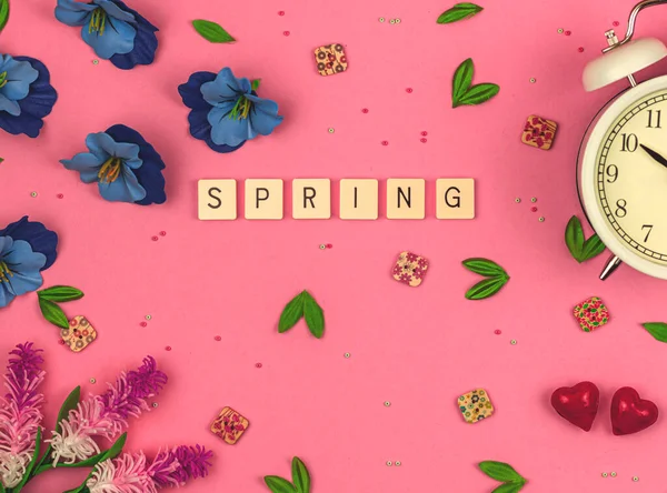 Spring Flat Lay Background Lettering Beauty Decorative Flowers Accessories High — Stock Photo, Image