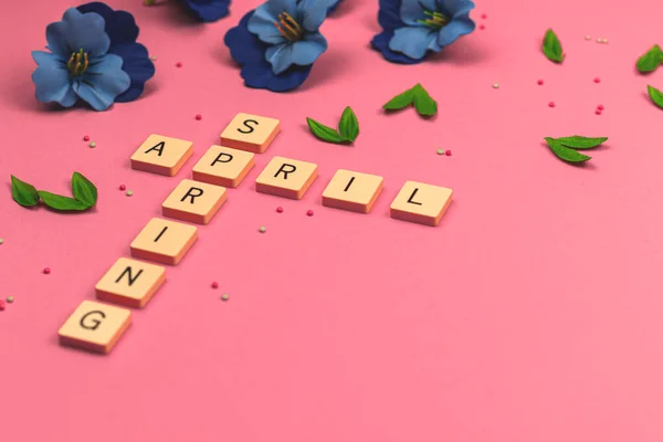 Spring April Month Lettering Flat Lay Background Concept Vibrant Pink — Stock Photo, Image