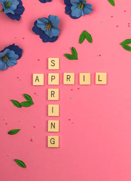 Spring April Month Lettering Flat Lay Background Concept Vibrant Pink — Stock Photo, Image