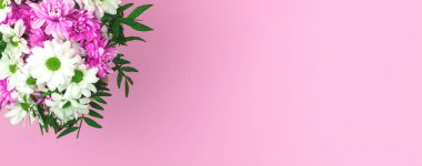Pastel arka planda güzel bahar çiçekleri, doğa konsepti afişi, yaratıcı model ya da düzen, üst manzara ve düz konum fotoğrafı