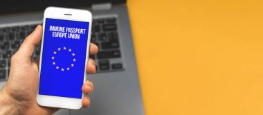 Avrupa Birliği konsepti, sağlık pasaportu, COVID-19 aşı kontrol uygulaması mobil fotoğrafı
