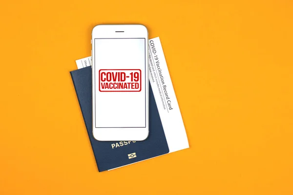 Covid Vaccination Background Smartphone Mobile Application Flat Lay Composition Copy — Stock Photo, Image