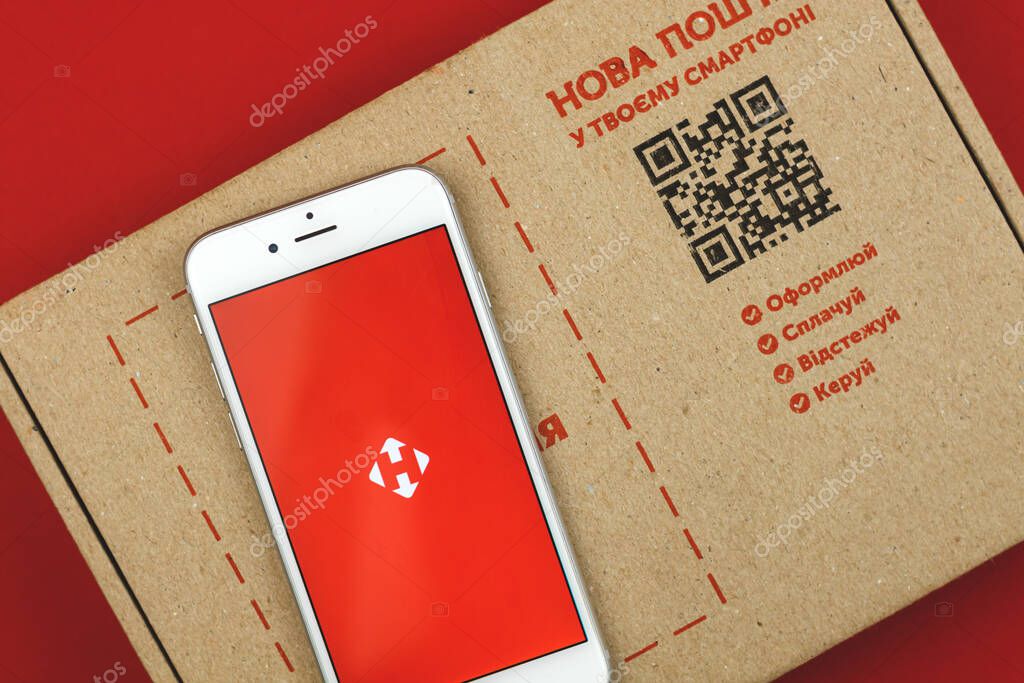 Kharkov, Ukraine - February 28, 2021: Nova Poshta delivery app logo close up on Apple iPhone screen. High quality photo