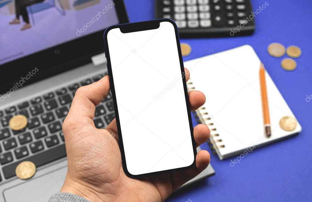 Mockup blank mobile phone screen, smartphone in hand, business background