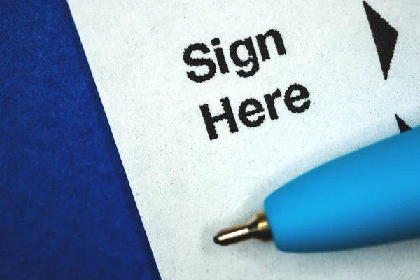 Sign here, signature contract business concept with documents and pen, blue background photo