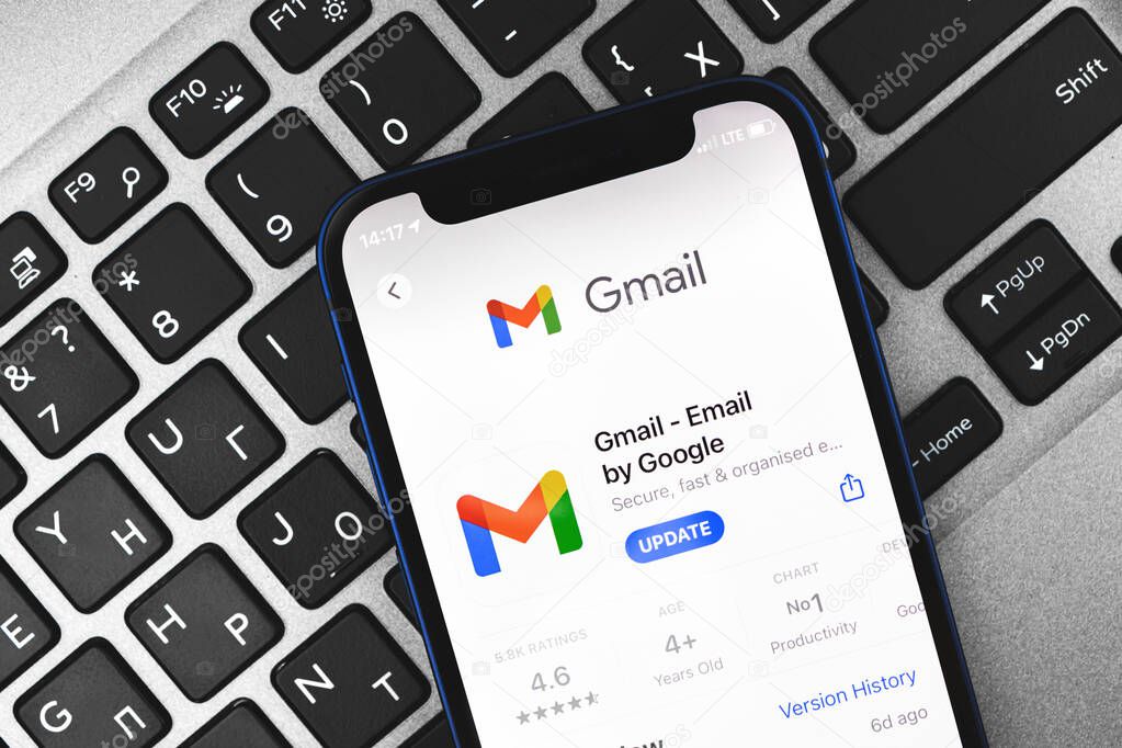 Kharkov, Ukraine - March 9, 2021: Google gmail app on App store, application logo or icon close up
