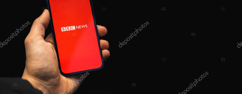Kharkov, Ukraine - March 17, 2021: BBC News logo banner photo with copy space, application for mobile phones