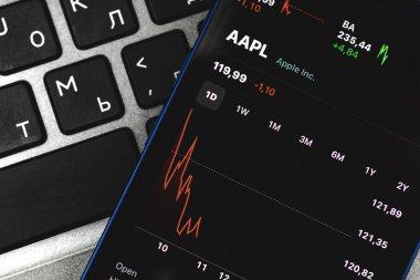 Kharkov, Ukrayna - 10 Mart 2021: Apple borsa grafiği, şirket yakın plan fotoğraflarını paylaşıyor