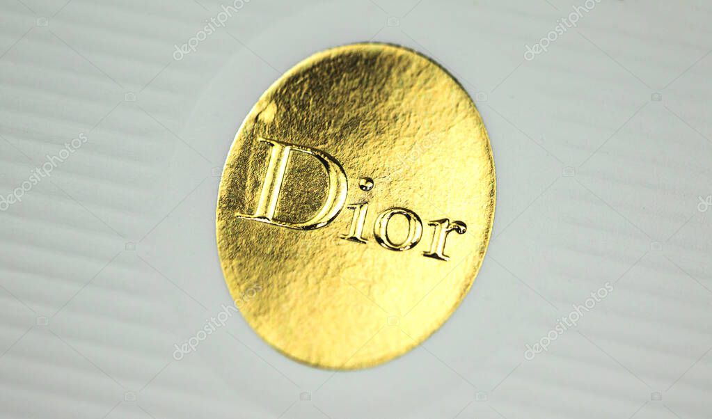 Kharkov, Ukraine - March 23, 2021: Dior logo close up, Christian Dior perfume